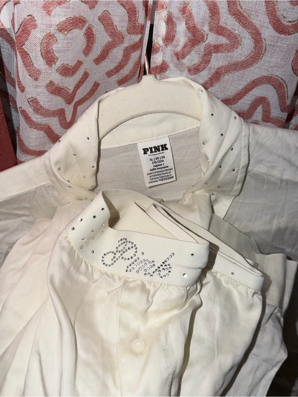 PINK Victoria's Secret Women's 2-Piece Pajama Set Cream Rhinestone-Accent Jacket